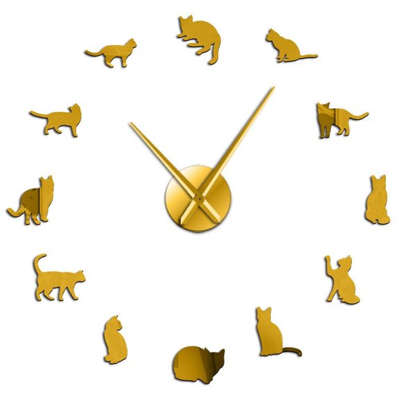 Silhouette Cats Wall Art Kittens DIY Giant Wall Clocks Playful Cats Big Needle Kitty Girl Room Large Wall Clock(Gold,27inch)