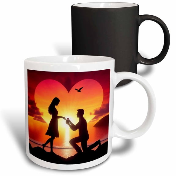 3drose, Silhouette Couple Man Proposing to Woman Heart Shaped Sunset, 11oz Magic Transforming Mug