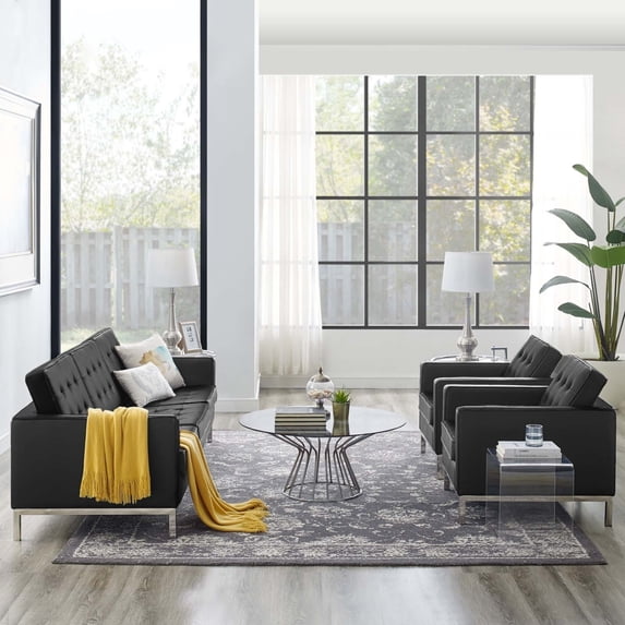 Modway Loft 3 Piece Tufted Faux Leather Sofa Set - Silver Navy