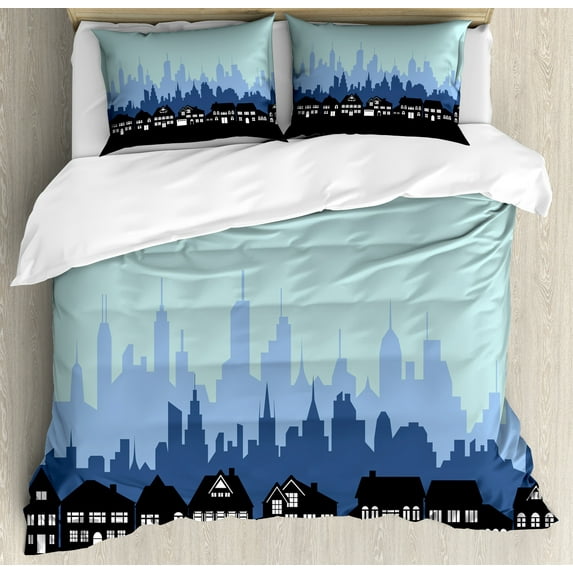 Silhouette Duvet Cover Set, City Houses Business Skyline Urban Outdoor Scene Illustration, Decorative 3 Piece Bedding Set with 2 Pillow Shams, Queen Size, Black Seafoam and Blue Grey, by Ambesonne