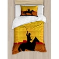 thumbnail image 1 of Silhouette Duvet Cover Set, Cowboy on Horse Sun Backlash Western Pattern, Decorative 2 Piece Bedding Set with 1 Pillow Shams, Twin Size, Earth Yellow Multicolor, by Ambesonne, 1 of 3