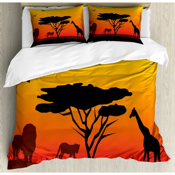 Silhouette Duvet Cover Set, Graphic Savannah View with Bonsai and Animals Print, Decorative 3 Piece Bedding Set with 2 Pillow Shams, Calking Size, Orange Brown, by Ambesonne