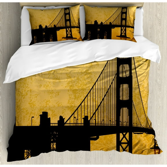Silhouette Duvet Cover Set King Size, Golden Gate Bridge Shade Grunge Traffic City Hallmark Print, Decorative 3 Piece Bedding Set with 2 Pillow Shams, Sand Brown Amber Charcoal Grey, by Ambesonne
