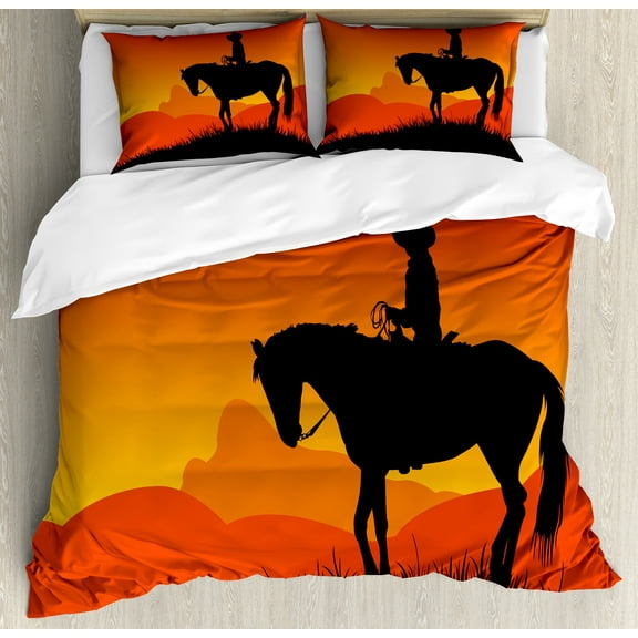 Silhouette Duvet Cover Set, Lonely Cowboy at Hill on Horseback Heroic Sunset View Print, Decorative 3 Piece Bedding Set with 2 Pillow Shams, Queen Size, Black Vermilion, by Ambesonne