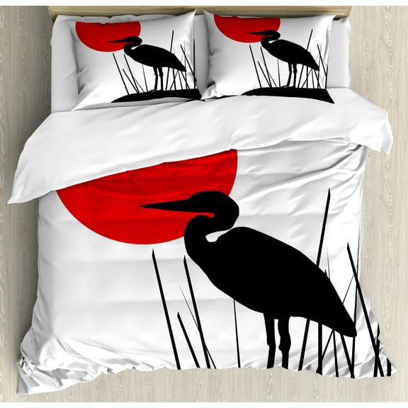 Silhouette Duvet Cover Set, Shade of a Heron Bird Sun and Reeds on Japanese Flag Inspire, Decorative 3 Piece Bedding Set with 2 Pillow Shams, Calking Size, Charcoal Grey Vermilion, by Ambesonne