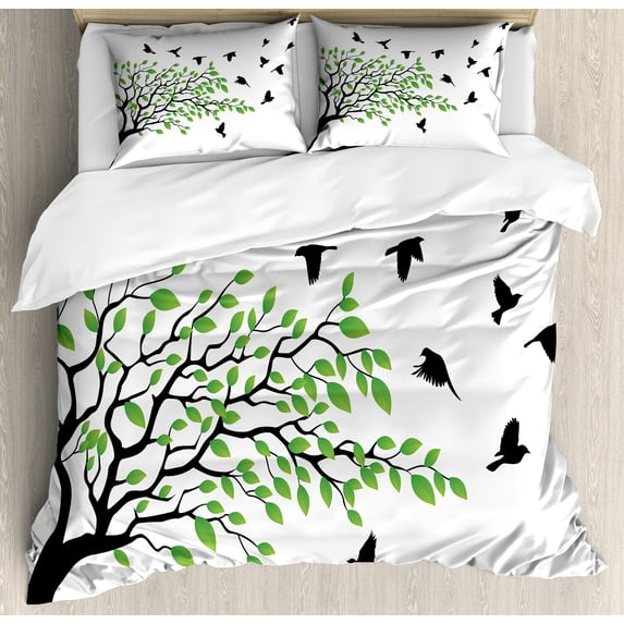 Silhouette Duvet Cover Set, Spring Season Illustration Flying to Freedom Wind Liberty Peace Design, Decorative 3 Piece Bedding Set with 2 Pillow Shams, Queen Size, White Black Green, by Ambesonne