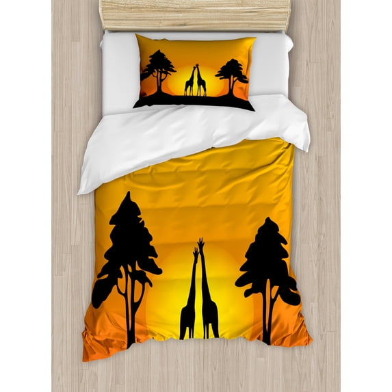 Silhouette Duvet Cover Set, Trees Sun Giraffe Desert Gradient Graphic Pattern, Decorative 2 Piece Bedding Set with 1 Pillow Shams, Twin Size, Yellow Orange, by Ambesonne