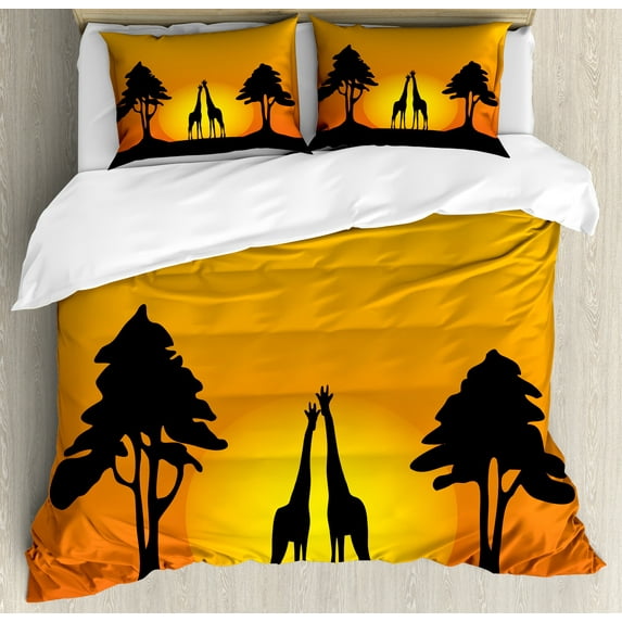 Silhouette Duvet Cover Set, Trees Sun Giraffe Desert Gradient Graphic Pattern, Decorative 3 Piece Bedding Set with 2 Pillow Shams, Queen Size, Yellow Orange, by Ambesonne