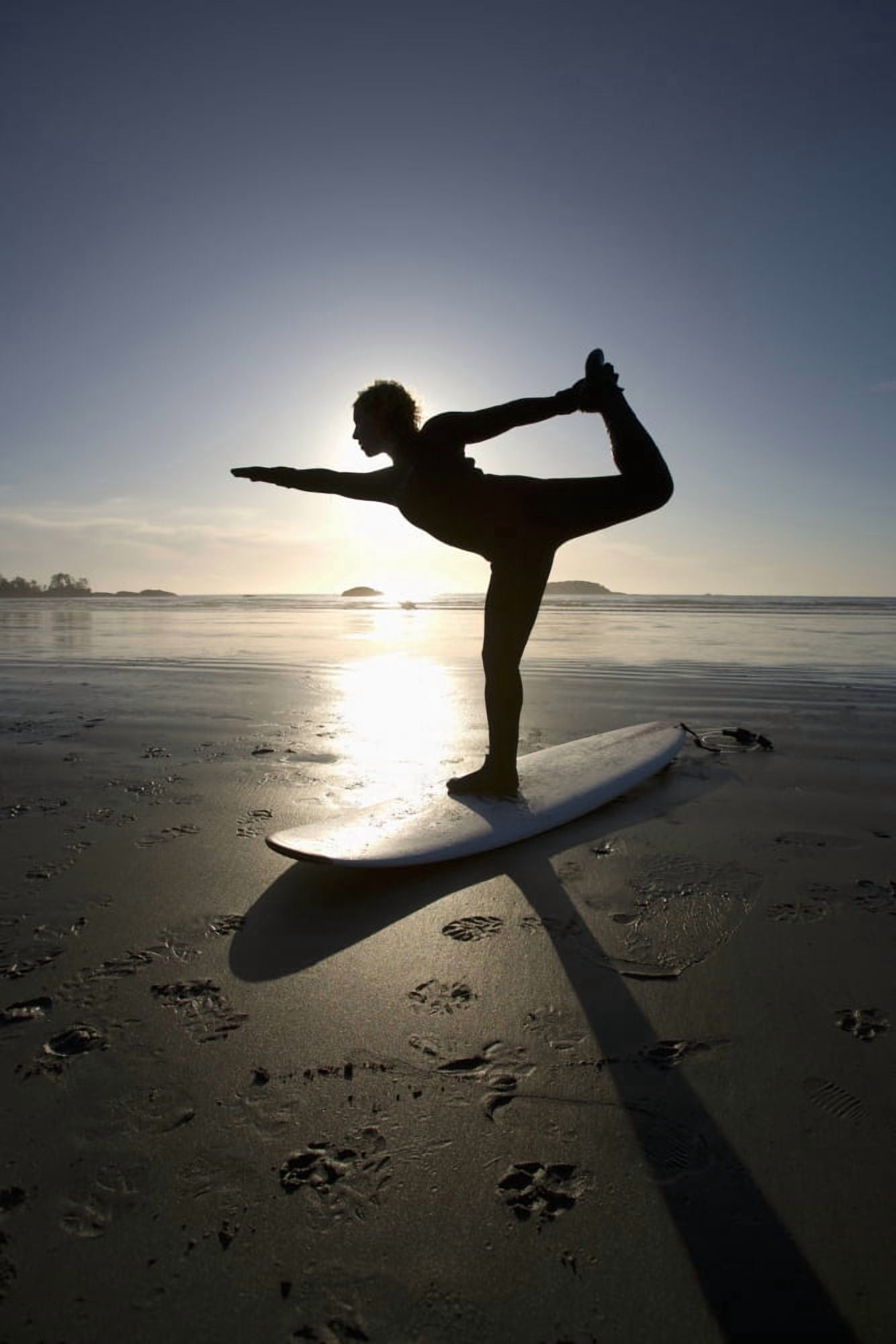 Silhouette Of Female Surfer Doing Bow Pulling Yoga Pose Chesterman Beach Tofino Vancouver Island British Columbia Canada Canvas Art - Deddeda  Design Pics (12 x 19)