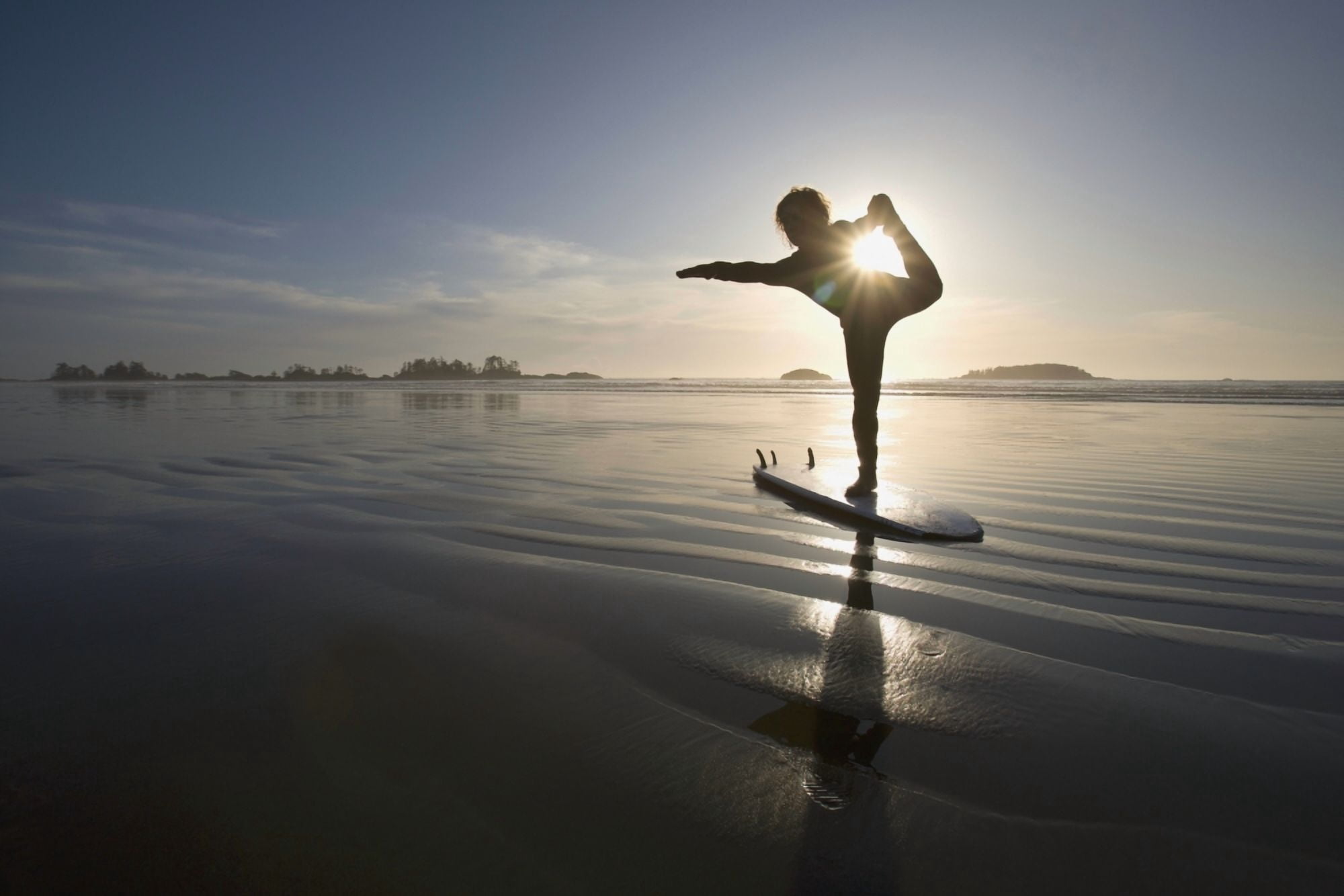 Silhouette Of Female Surfer Doing Bow Pulling Yoga Pose Chesterman Beach Tofino Vancouver Island British Columbia Canada Canvas Art - Deddeda Design Pics (19 x 12)