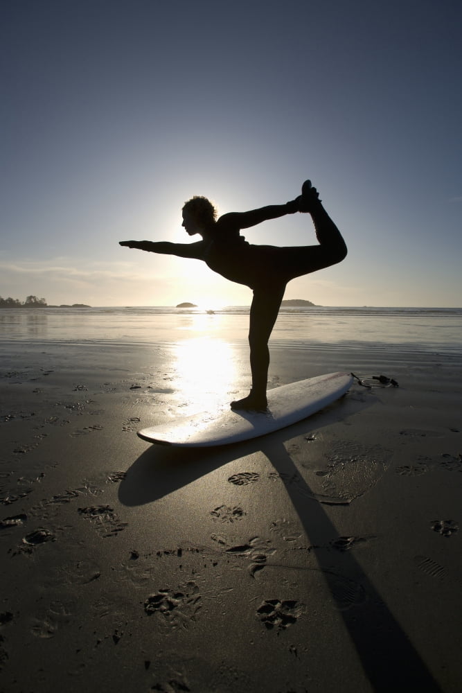 Silhouette Of Female Surfer Doing Bow Pulling Yoga Pose Chesterman Beach Tofino Vancouver Island British Columbia Canada Canvas Art - Deddeda Design Pics (24 x 38)