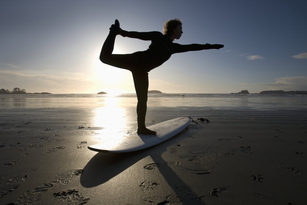 Silhouette Of Female Surfer Doing Bow Pulling Yoga Pose Chesterman Beach Tofino Vancouver Island British Columbia Canada Canvas Art - Deddeda Design Pics (38 x 24)