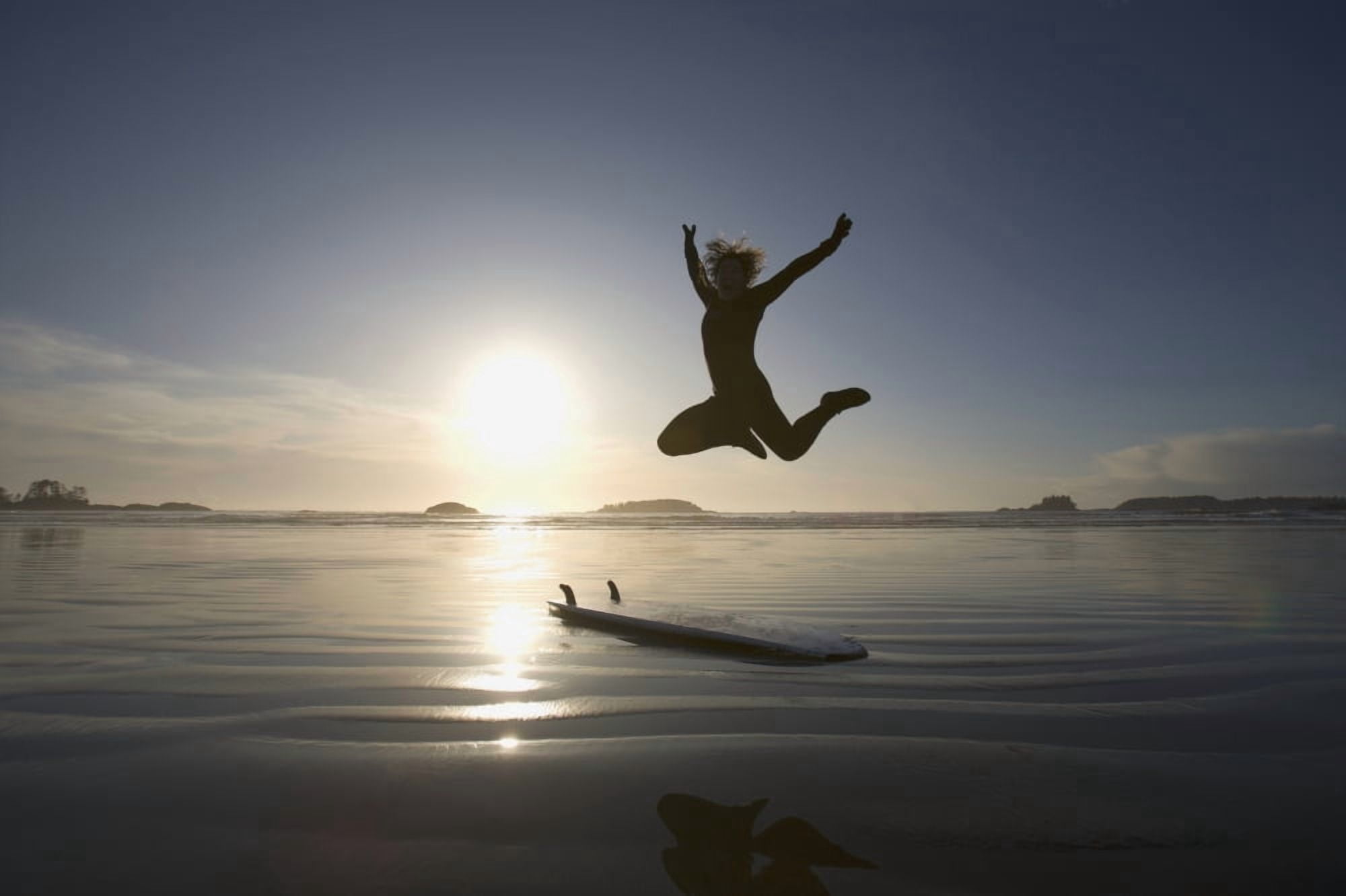 Silhouette Of Female Surfer Jumping For Joy Chesterman Beach Tofino Vancouver Island British Columbia Canada Canvas Art - Deddeda Design Pics (19 x 12)