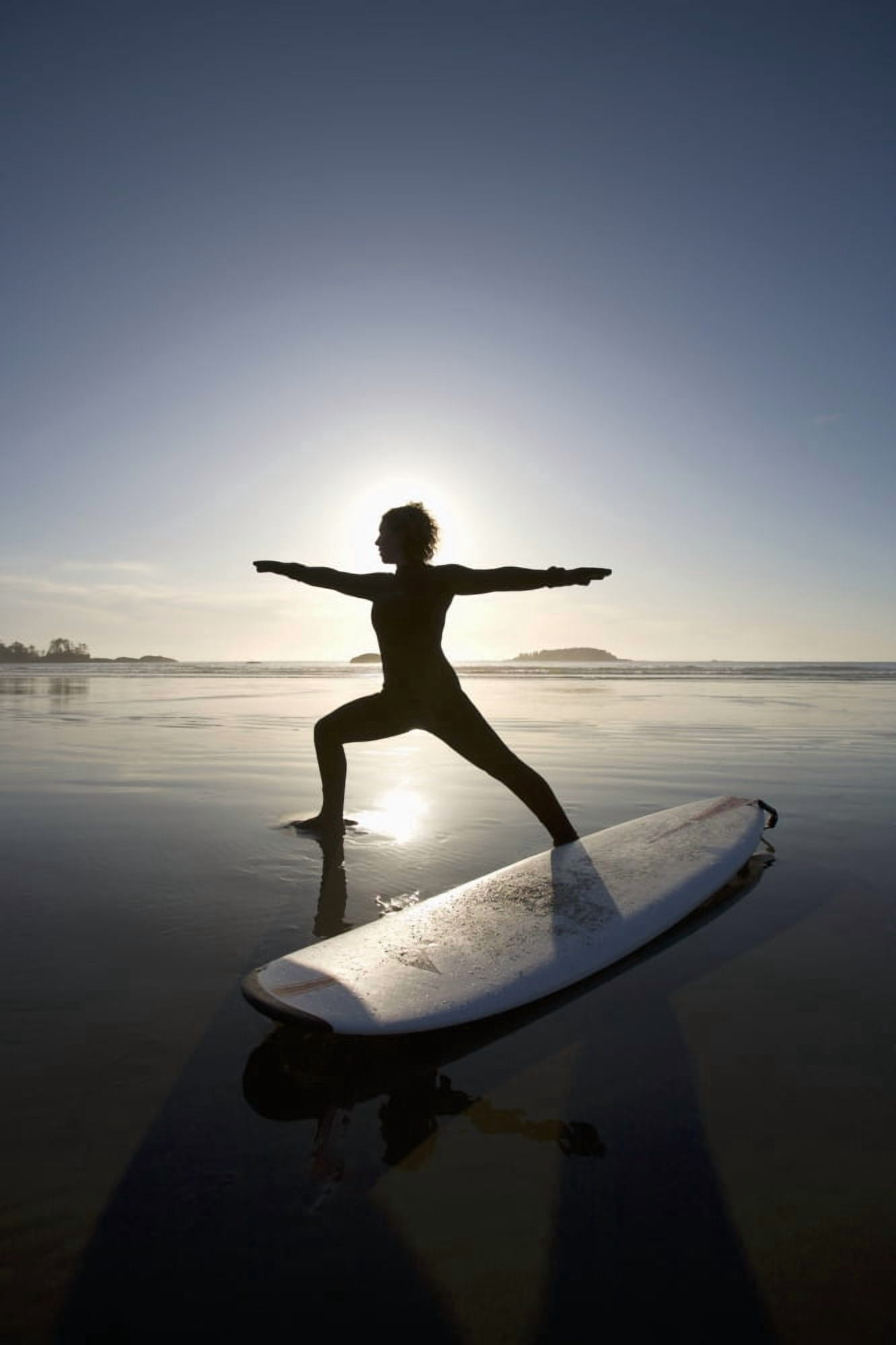 Silhouette Of Female Surfer Doing Warrior Yoga Pose Chesterman Beach Tofino Vancouver Island British Columbia Canada Canvas Art - Deddeda Design Pics (12 x 19)