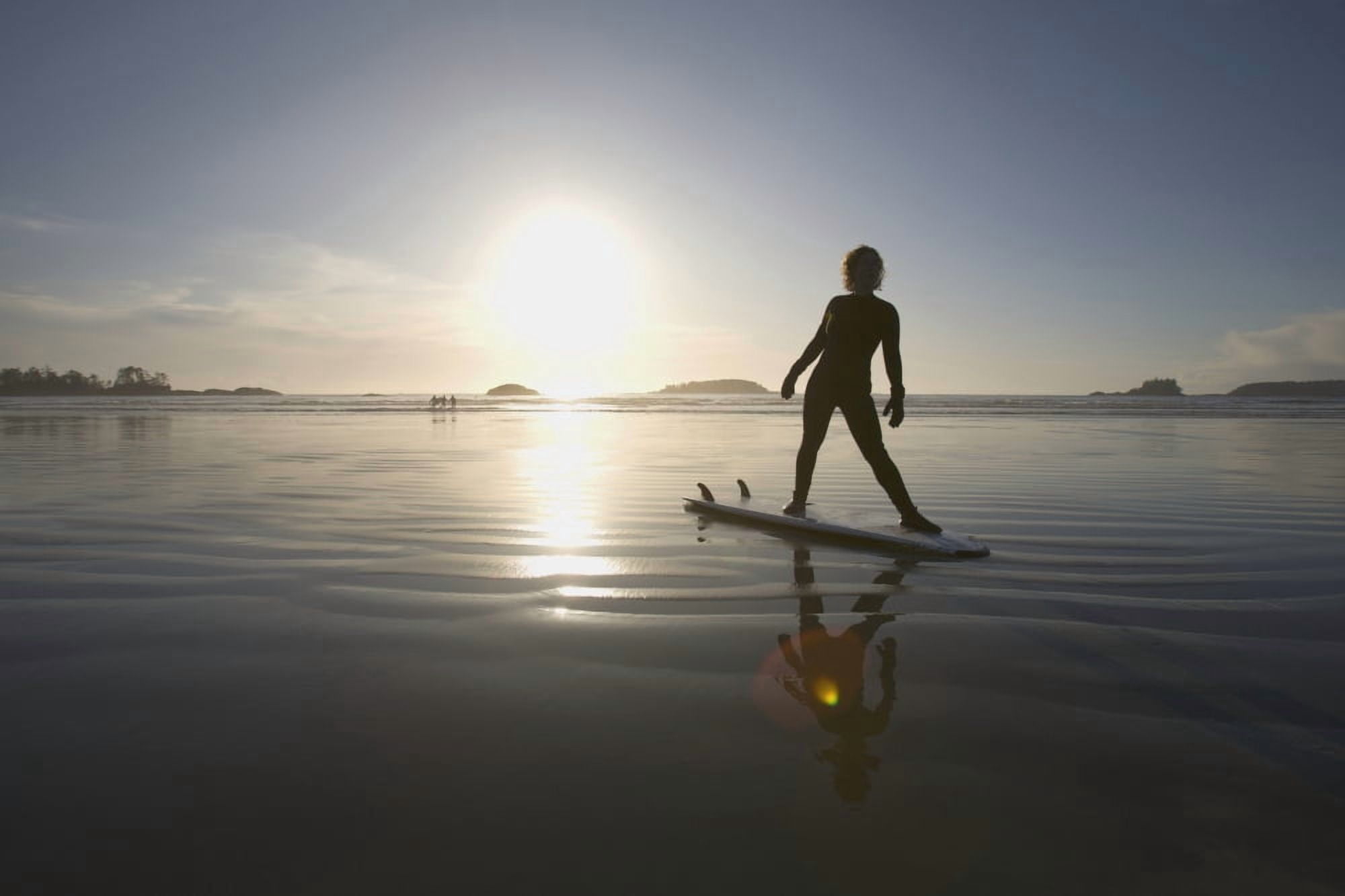Silhouette Of Female Surfer Doing Yoga Stretches Chesterman Beach Tofino Vancouver Island British Columbia Canada Canvas Art - Deddeda Design Pics (19 x 12)