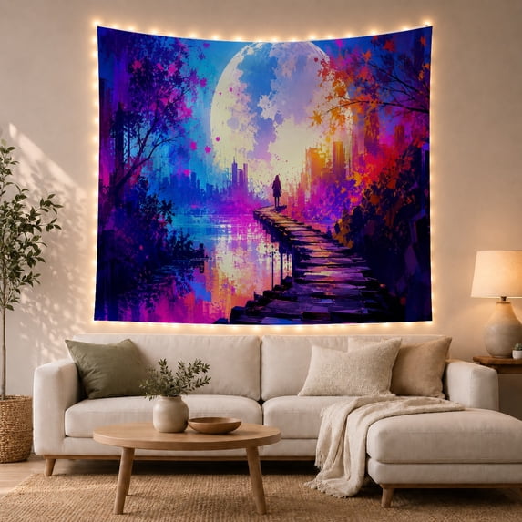 Silhouette Figure on Weathered Pier Against Full Moon and City Skyline, Dreamy Surreal for Art Lovers, Surrealist Decor Art, Halloween Gift, Tapestry Wall Hanging for Bedroom and Living Room