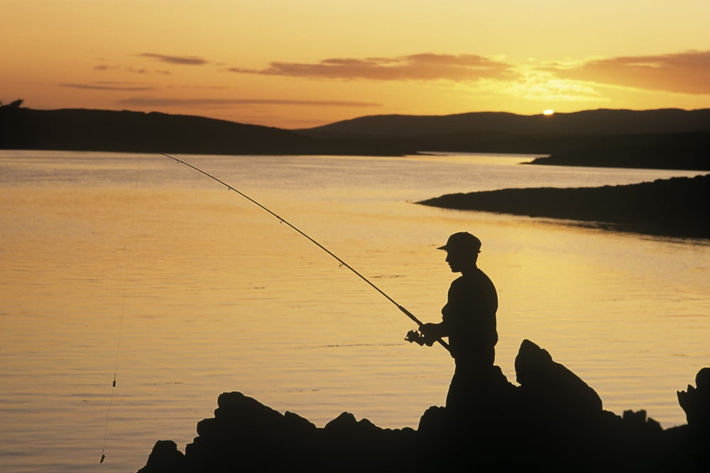 Silhouette Of A Fisherman Fishing On The Coast Roaring Water Bay County Cork Republic Of Ireland Canvas Art - The Irish Image Collection Design Pics (36 x 24)