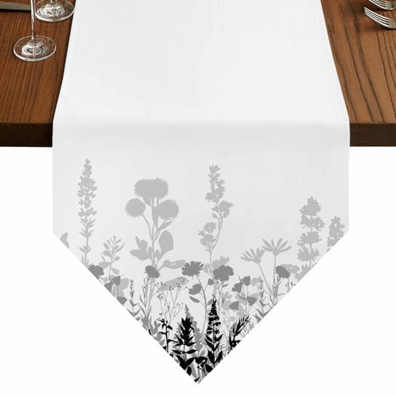 Silhouette Flower Table Runner for Dining Room, Retro Black Grey Gradient Floral Cotton Linen Dining Table Runner Tablecloth Dresser Scarves for Kitchen Cafe 13x36 Inches Long
