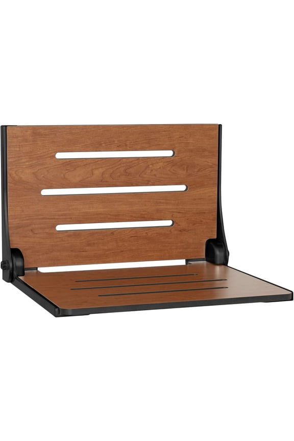 Silhouette Folding Wall Mount Shower Bench Seat, Rustic Teak Seat with Silver Frame