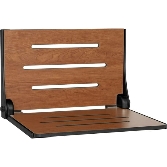 Silhouette Folding Wall Mount Shower Bench Seat, Rustic Teak Seat with Silver Frame