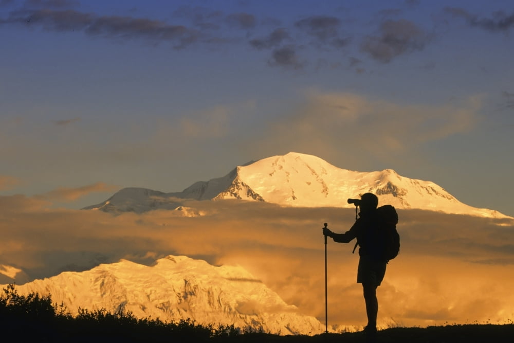 The Silhouette Of A Hiker Is Visible Against MtMckinley As They Journey Through Denali National Park In The Interior Of Alaska Canvas Art - Michael DeYoung Design Pics (34 x 22)