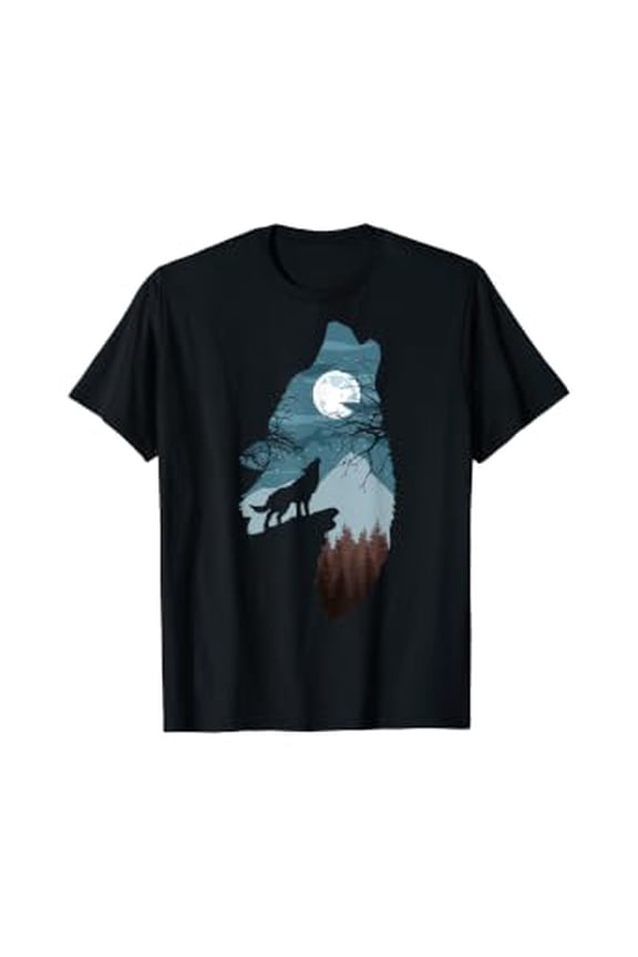 Silhouette Howling Wolf, Forest With Full-Moon And Cliff T-Shirt