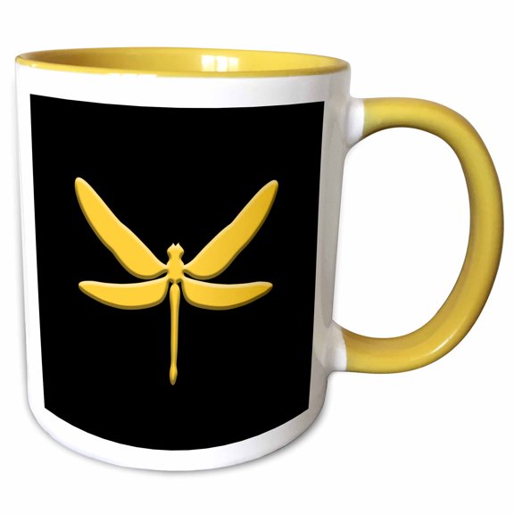 3drose, Silhouette Image of a Dragon Fly Insect. Yellow on Black. Funny Gift, 15oz Two-tone Yellow Mug