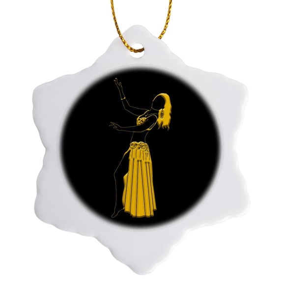 3drose, Silhouette of a Belly Dancer Lady in Yellow Skirt. Black Background, 3 inch Snowflake Porcelain Ornament