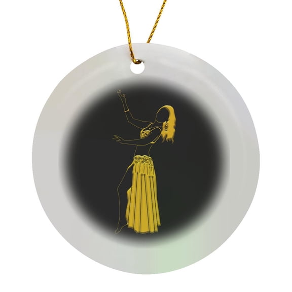 3drose, Silhouette of a Belly Dancer Lady in Yellow Skirt. Black Background, Circle Porcelain Ornament