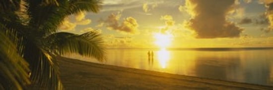 Silhouette Of A Couple Standing On The Beach Aitutaki Cook Islands French Polynesia Canvas Art - Panoramic Images (36 x 12)