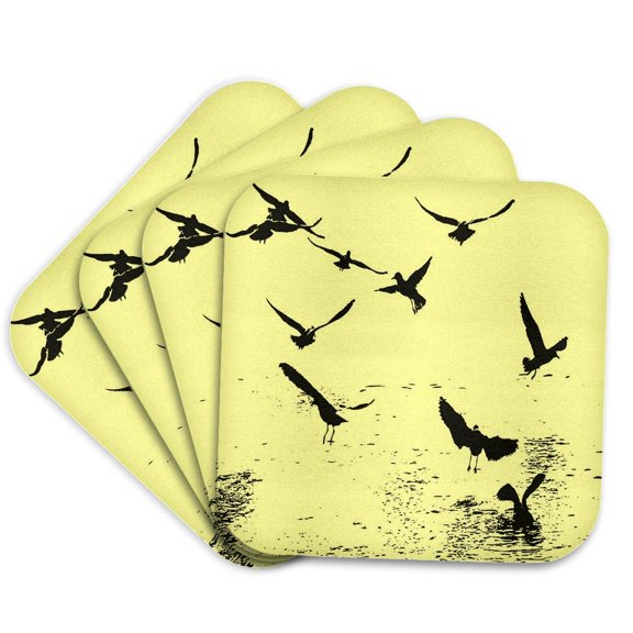 3drose, Silhouette of a Flock of Seagulls Scavenging Black, Set of 4 Coasters - Soft