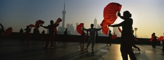 Silhouette Of A Group Of People Dancing In Front Of Pudong The Bund Shanghai China Canvas Art - Panoramic Images (36 x 13)
