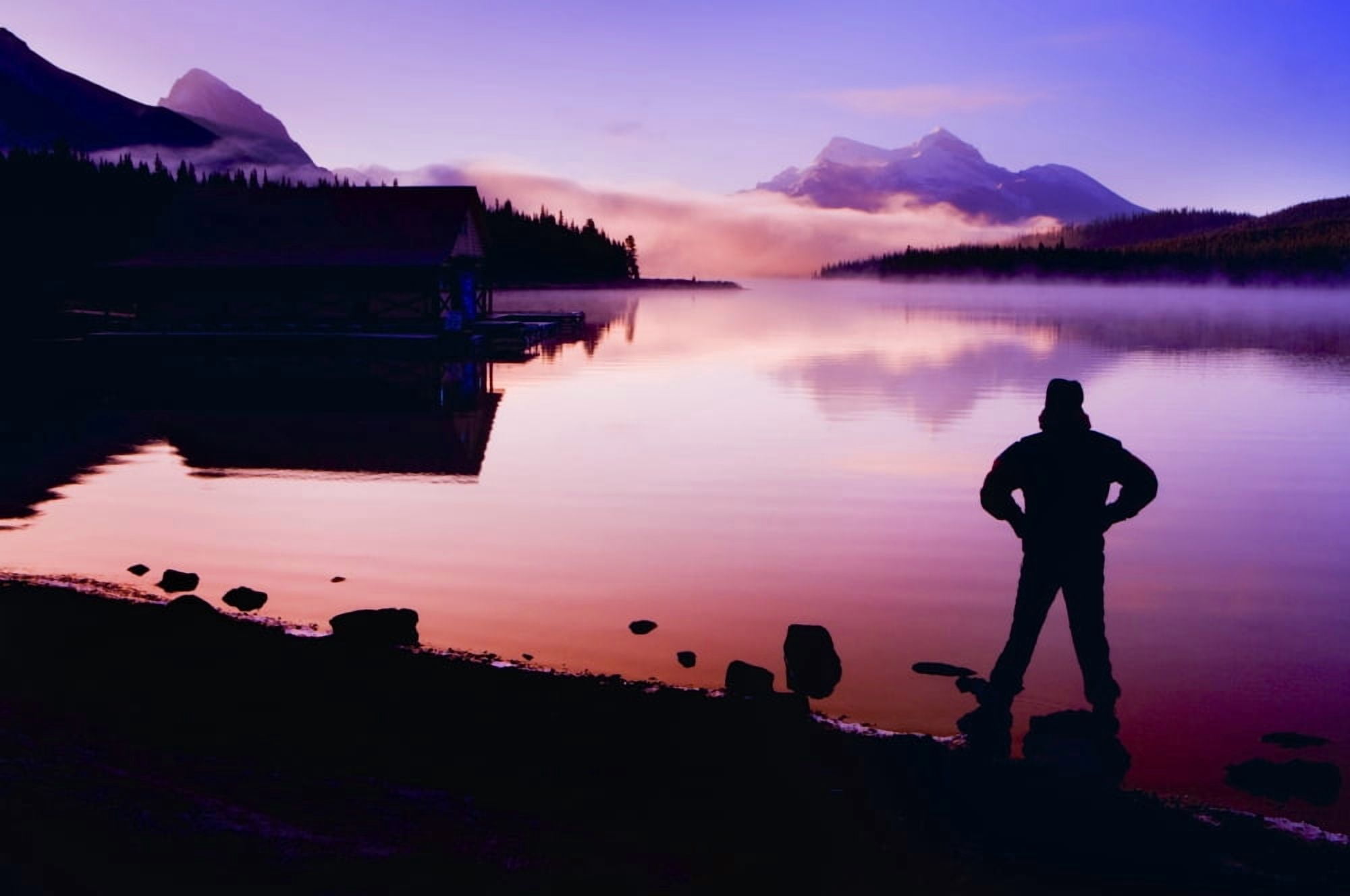 Silhouette Of A Man At A Mountain Lake Canvas Art - Corey Hochachka Design Pics (34 x 22)