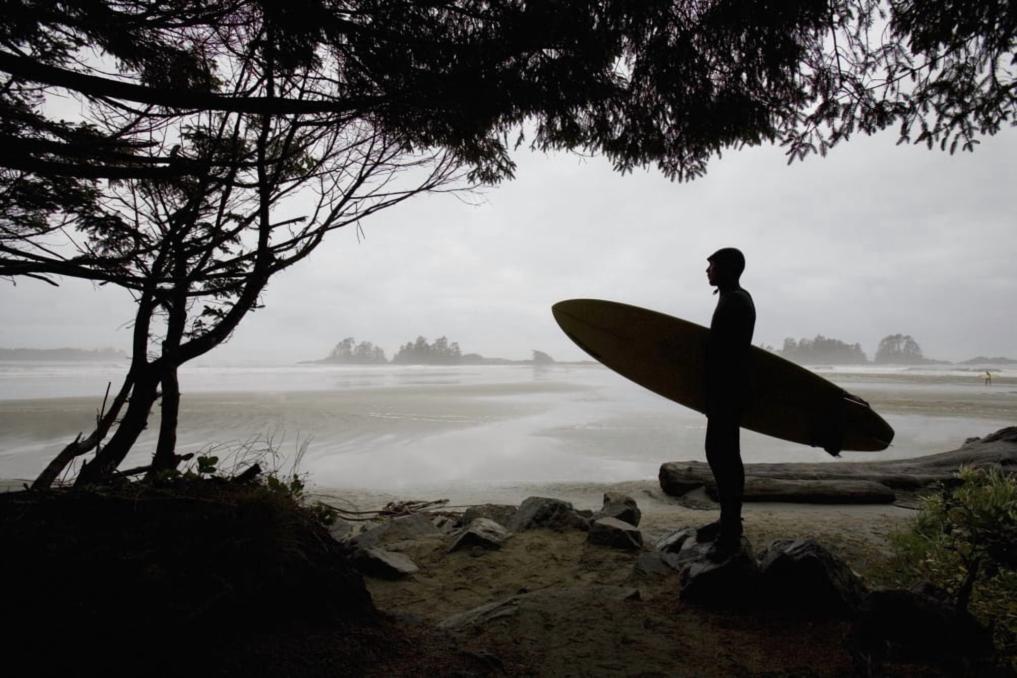 Silhouette Of A Surfer Looking Out To The Water From The Beach Canvas Art - Deddeda Design Pics (34 x 22)
