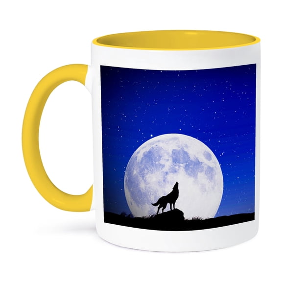 3dRose, Silhouette Of A Wolf Howling At The Moon, 11oz Two-Tone Yellow Mug