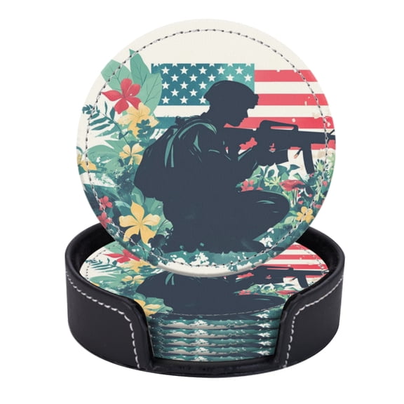 PU Leather Coasters for Drinks Bar Beer,Set of 6 with Holder,Round Housewarming Gift,Silhouette Of American Soldier