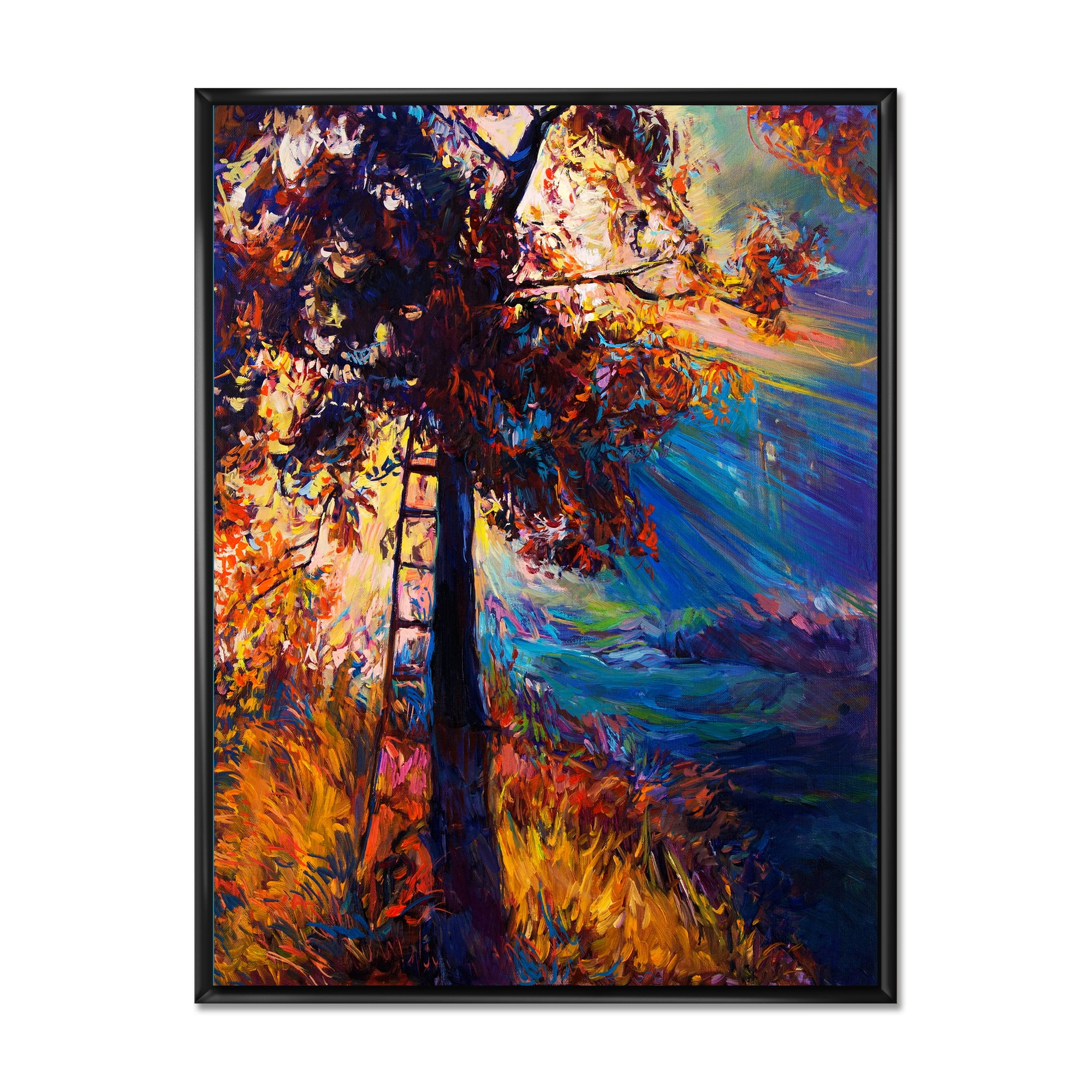 Silhouette Of Autumn Tree In The Sunset Glow 16 in x 32 in Framed Painting Canvas Art Print, by Designart