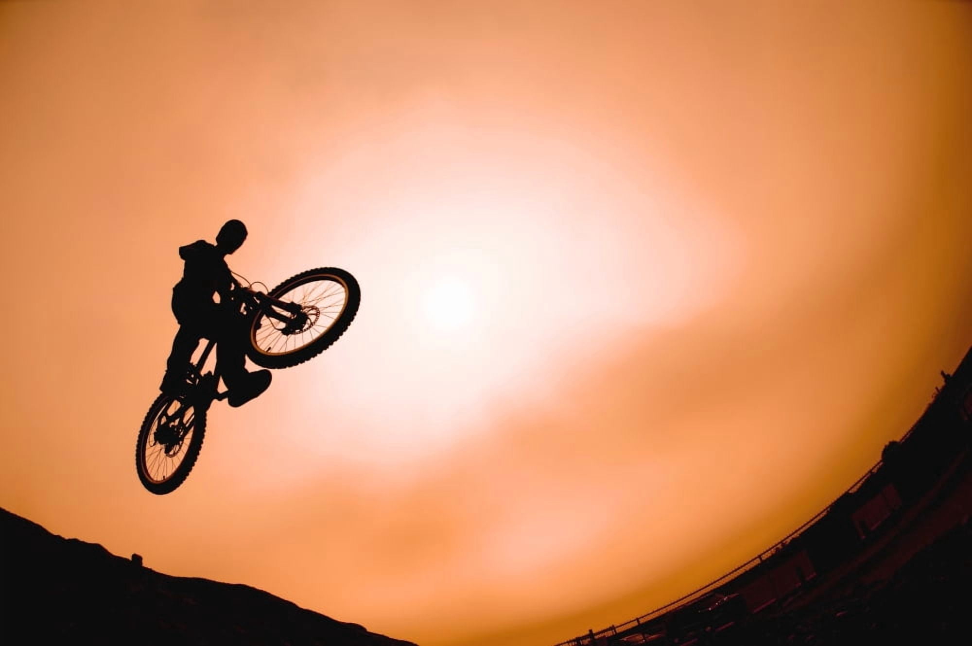 Silhouette Of Stunt Cyclist Canvas Art - Corey Hochachka Design Pics (17 x 11)
