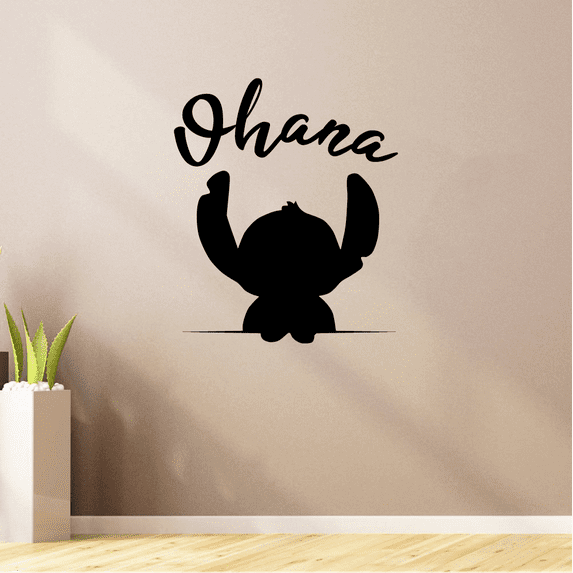 Silhouette Ohana Quote Lilo and Stitch Disney Cartoon Wall Sticker Art Decal for Girls Boys Room Bedroom Kindergarten Nursery House Fun Home Decors Stickers Wall Art Vinyl Decoration Size (28x30 inch)