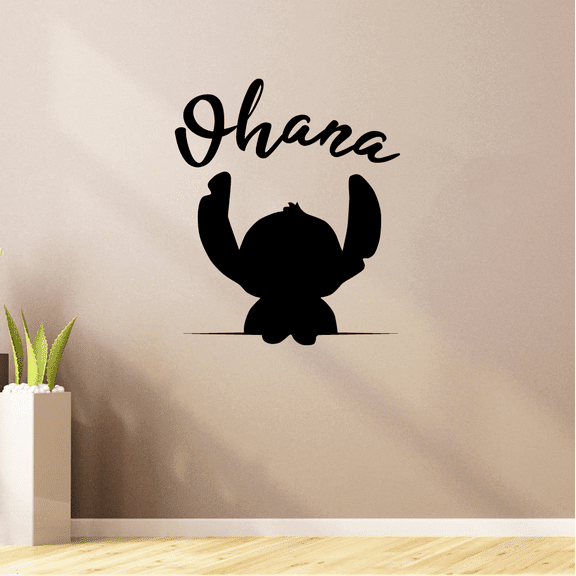 Silhouette Ohana Quote Lilo and Stitch Disney Cartoon Wall Sticker Art Decal for Girls Boys Room Bedroom Kindergarten Nursery House Fun Home Decors Stickers Wall Art Vinyl Decoration Size (20x20 inch)