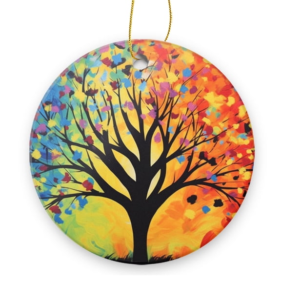 Silhouette of Old Tree With Colorful Leaves - Christmas Ornament Xmas Keepsake Ceramic Ornaments Holiday Decorations for Tree Christmas Gift Ideas 2.95in
