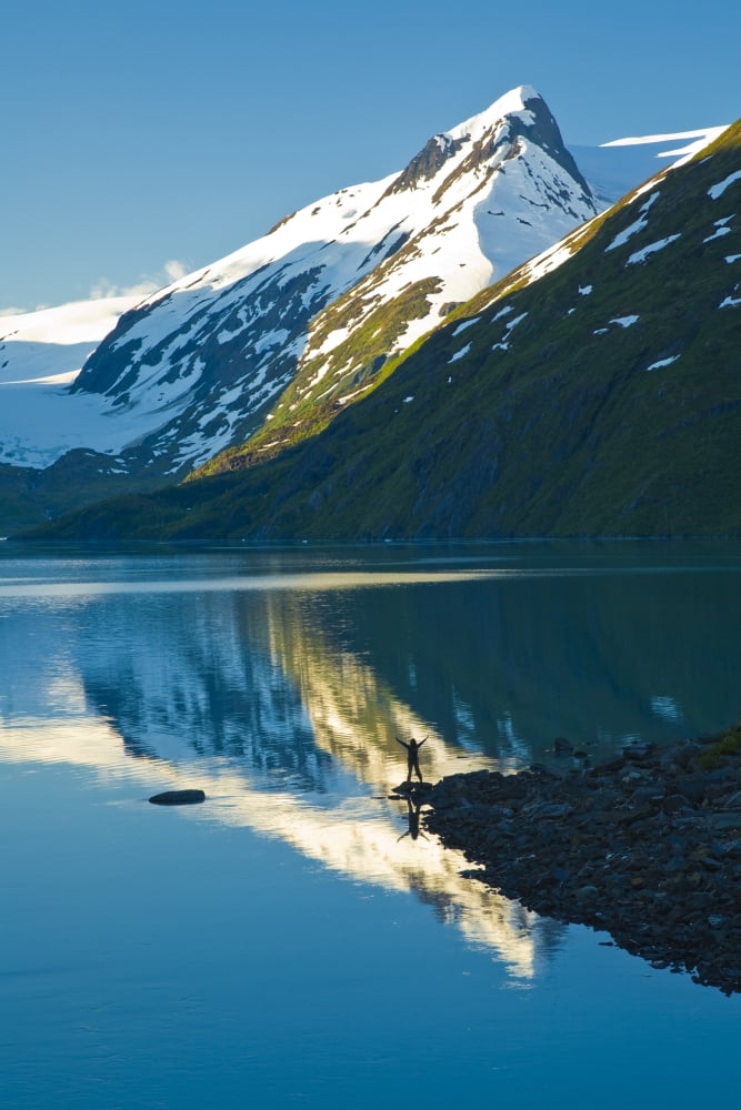 Silhouette Of Person With Arms Outstretched Enjoying The Scenic View Of Portage Lake Chugach National Forest Southcentral Alaska Summer Canvas Art - Michael DeYoung Design Pics (11 x 17)