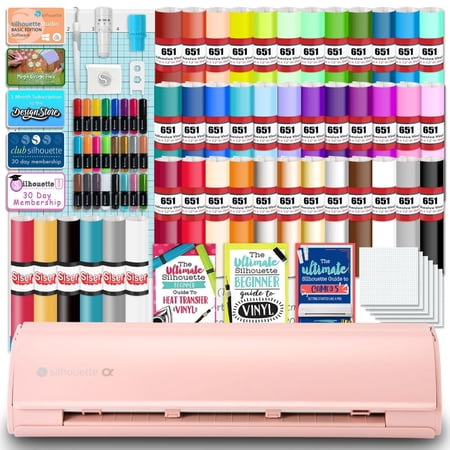 Silhouette Pink Cameo 5a Alpha w/ 38 Oracal Sheets, Siser HTV, Guides, 24 Pens