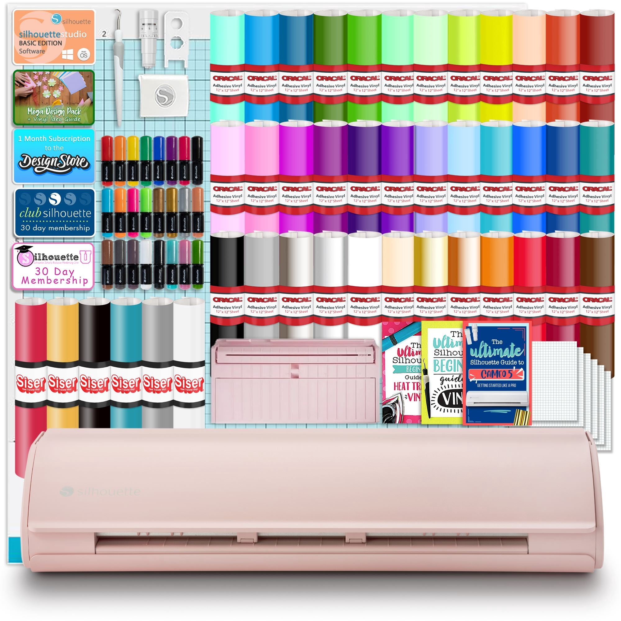Silhouette Pink Cameo 5 w/ 38 Oracal Sheets, Siser HTV, Guides, 24 Pens