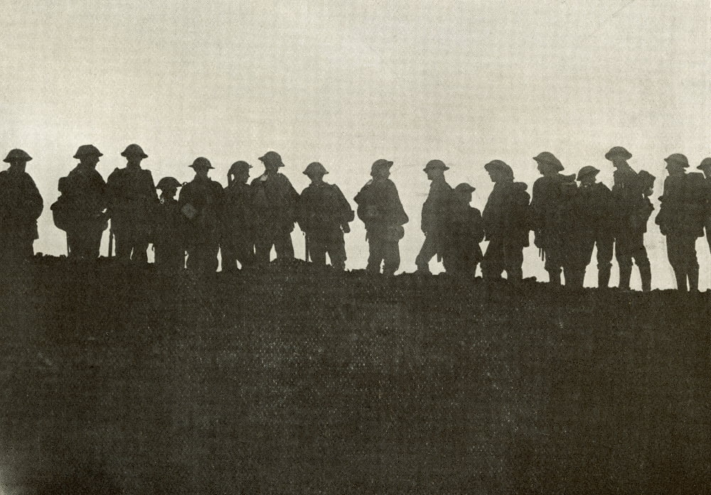 Silhouette Of Reserve Soldiers Waiting To Move Up To The Front Line During World War One From The Year 1916 Illustrated Canvas Art - Ken Welsh Design Pics (18 x 12)