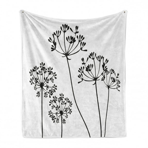 Silhouette Soft Flannel Fleece Blanket, Monochrome Flowers Thin Lines Shadow Simplistic Illustration Print, Cozy Plush for Indoor and Outdoor Use, 50" x 60", Charcoal Grey and White, by Ambesonne