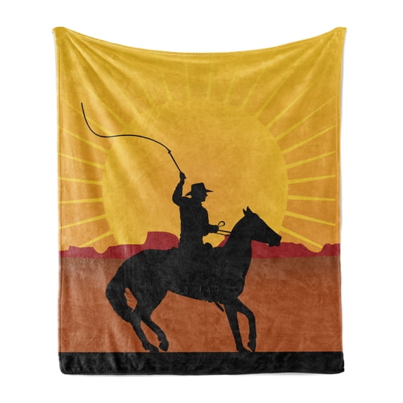 Silhouette Soft Flannel Fleece Throw Blanket, Cowboy on Horse Sun Backlash Western Pattern, Cozy Plush for Indoor and Outdoor Use, 50" x 70", Earth Yellow Multicolor, by Ambesonne