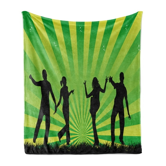 Silhouette Soft Flannel Fleece Throw Blanket, Dance Youth People Crowd Sunrays Funky Image, Cozy Plush for Indoor and Outdoor Use, 70" x 90", Grey Apple Green, by Ambesonne