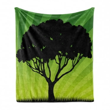 Silhouette Soft Flannel Fleece Throw Blanket, Funky Colors Nature Sunrays Sunset Tree Illustration, Cozy Plush for Indoor and Outdoor Use, 70" x 90", Charcoal Grey Fern Green, by Ambesonne
