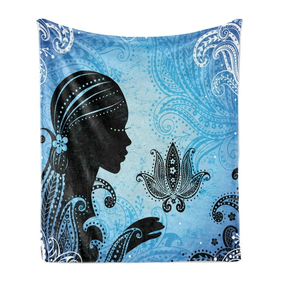 Silhouette Soft Flannel Fleece Throw Blanket, Girl with Zentangle Lotus, Cozy Plush for Indoor and Outdoor Use, 50" x 70", Grey Sky Blue, by Ambesonne
